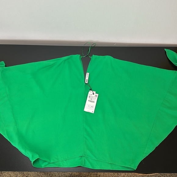 Zara Emerald Green V Neck Tie Sleeves Fluid Blouse Top Medium 4437 054 - Picture 7 of 16